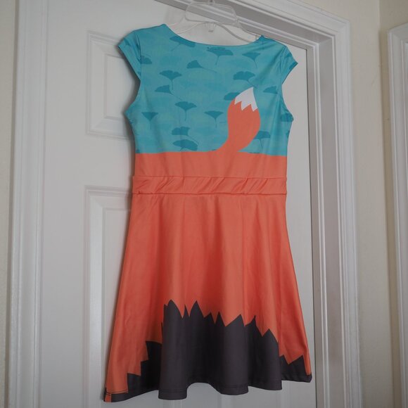 Fox Print Girls Dress for Kids Orange and Blue with Printed Tail Sz Girls 12 - Picture 3 of 10
